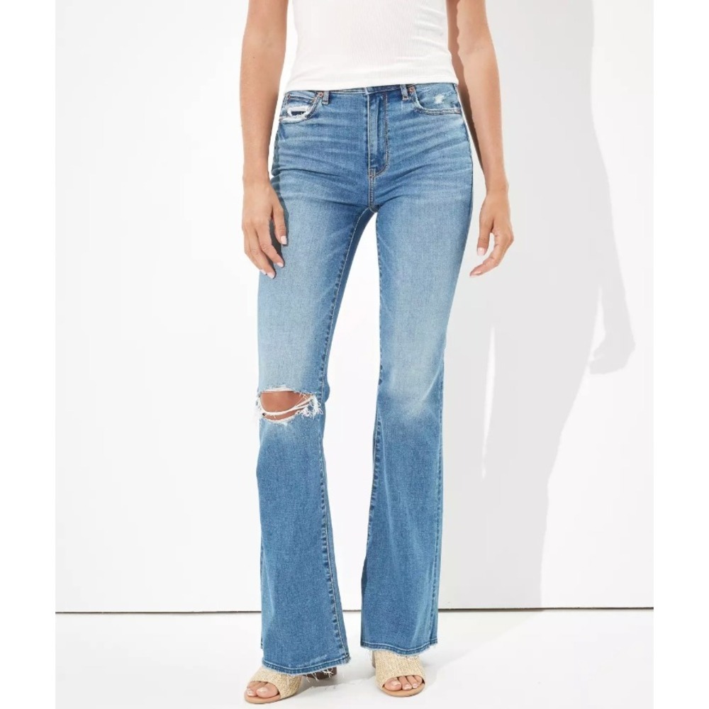American Eagle Stretch Super Hi-Rise Flare Medium Wash Distressed Casual Size 8